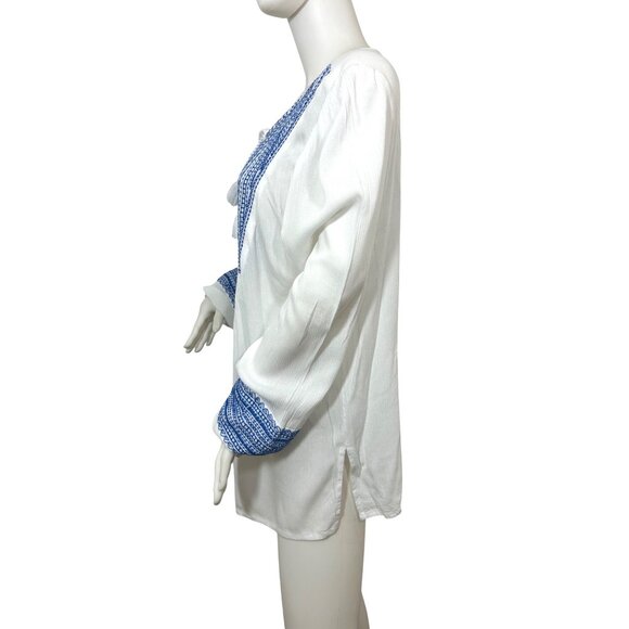 Susan Graver Tunic Top L White Blue Embroidered Boho Cottage V-Neck Rope Tassels - Picture 4 of 11